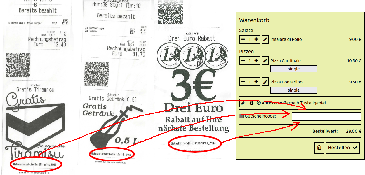 Beispiel für Gutscheincodes auf Rechnungszetteln von La Rustica in Elsbethen F.W.-Raiffeisen-Straße 7 – drei Rechnungen mit individuellen Gutscheincodes, die im Online-Warenkorb des Restaurants eingegeben werden können.